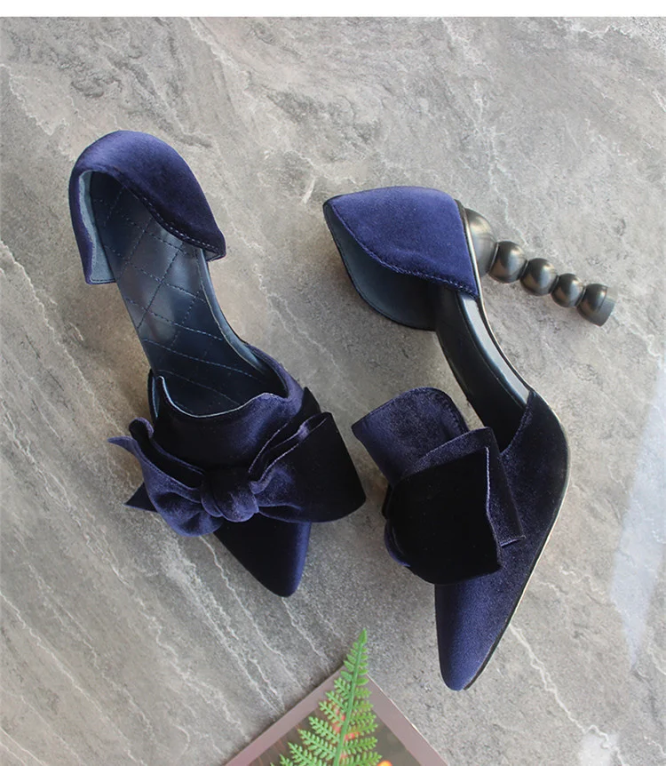 

High class walk show print pearl heel bow high heel shoes leather versatile star women's shoes