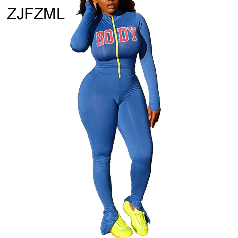 

Letter Print Active Wear Rompers Womens Jumpsuit Zipper Up Long Sleeve Bell Bottom Bodysuit Street Style Fitness Flare Overalls