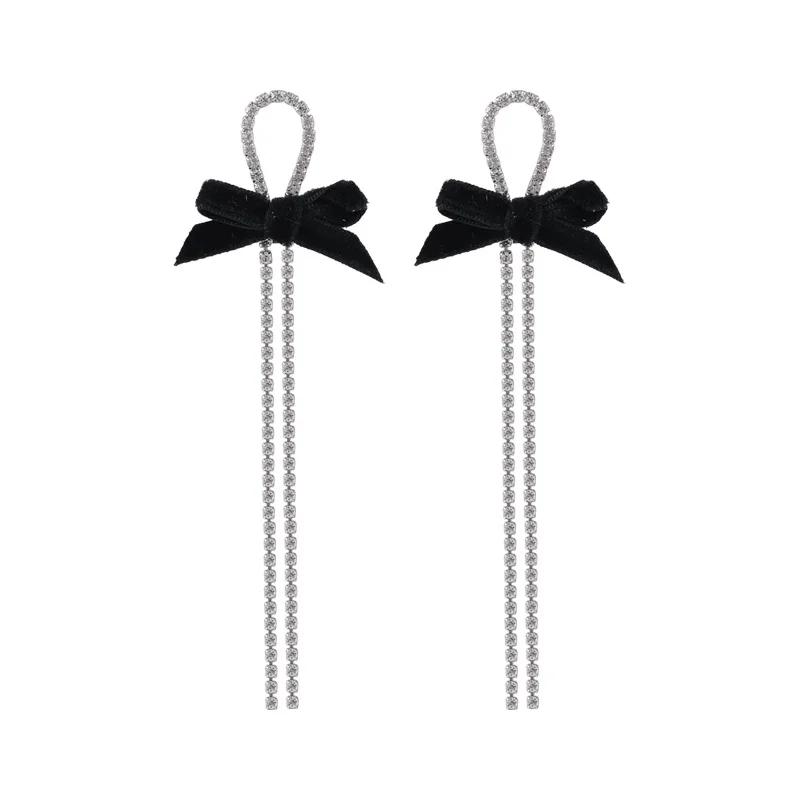 

2020 New Arrival Trendy Crystal Long Black Bow Earrings For Women Fashion Sweet Drop Earring Luxury Jewelry Gifts