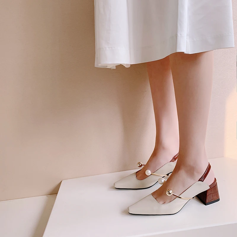 

Drestrive Women's Pumps Full Genuine Leather Thick Heels Pointed Toe Bead 2020 Summer Mid Heel Cow Leather Shallow Beige