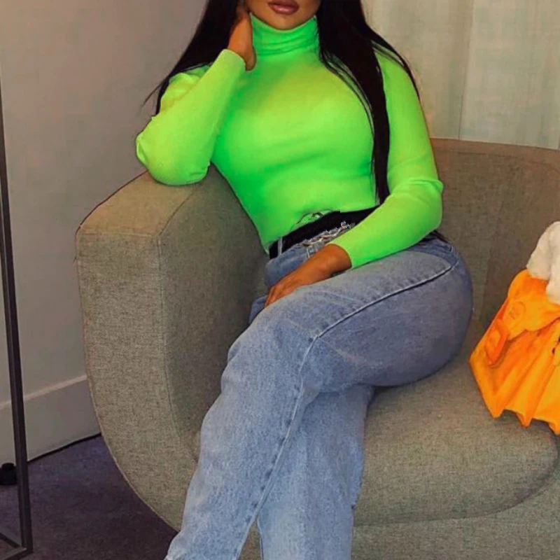 

Women Turtleneck Sweatshirts Sexy Neon Plain Solid Pullover Autumn Long Sleeve Sweatshirt Ribbed Hoodies Tops