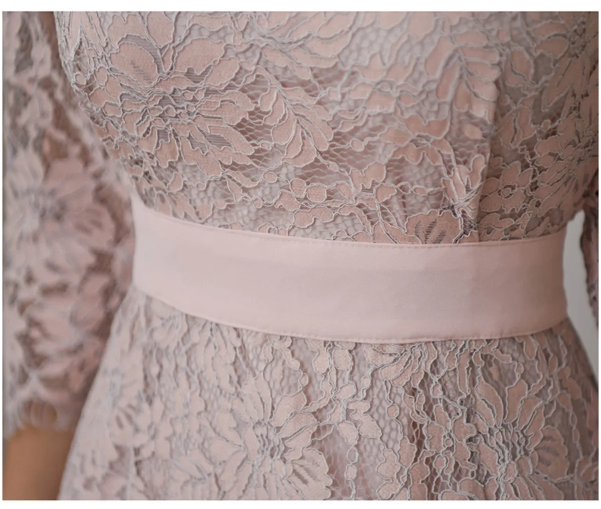 

BacklakeGirls 2021 Simple Elegant Round Neck 3/4 Sleeves Lace Up Cocktail Dress Slim Hollow Out Floral Embroidered Lace Dress