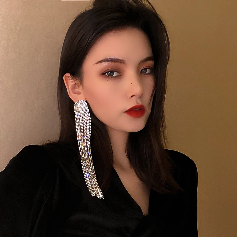 

2021 New Temperament Long Tassel Full Rhinestone Drop Earrings For Women Crystal Pendant Earrings Fashion Jewelry Accessories