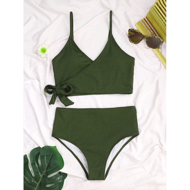 

Sexy bandeau push up bikini 2021 Solid ribbed swimsuit women's swimming suit High waist swimwear Sport plus size bathing suit