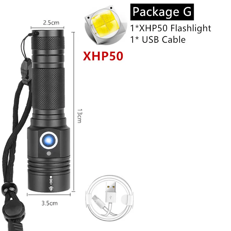 Package G Яркий XHP50 перезаряжаемый светодиодный фонарик мощный XHP70.2 фонарь P8 свет супер водонепроницаемый Zoom охотничий свет использование 18650 - Испускаемый цвет: Package G