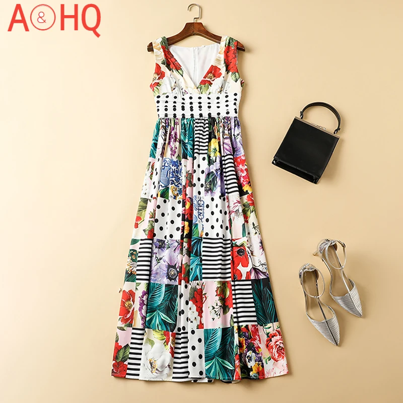 

Runway 2021 Summer New Fashion Holiday Women'S Party V-Neck Sexy Gorgeous Print Patchwork Sleeveless Long Dress