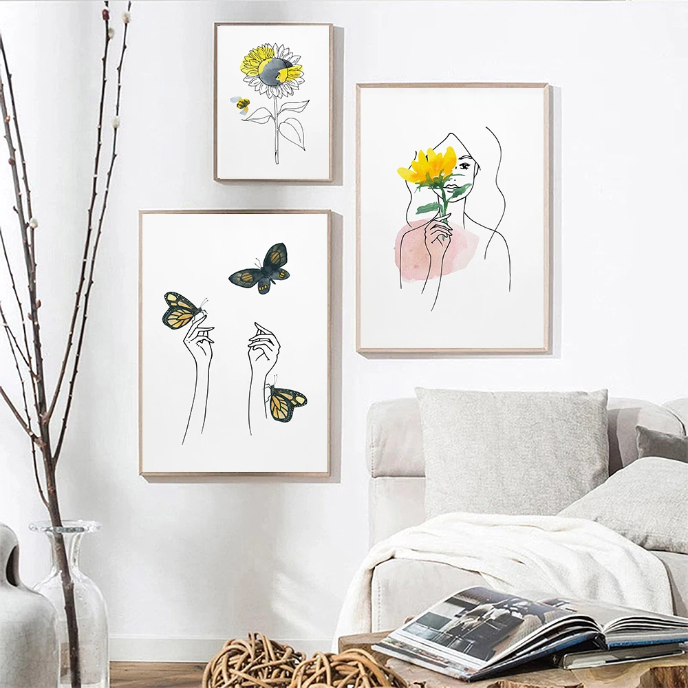 

Abstract Line Watercolour Poster Female Flower Canvas Painting Modern Art Print Butterfly Wall Picture For Living Room Home Deco