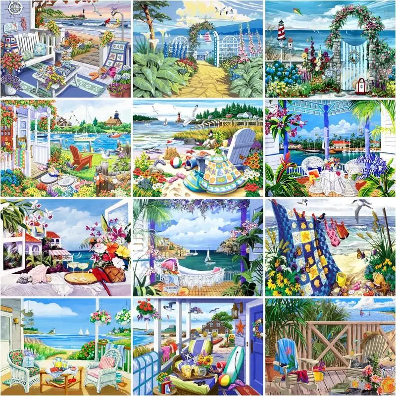 

CHENISTORY Painting By Number Seaside House Scenery Drawing On Canvas Handpainted Diy Coloring By Numbers Kits Home Decor