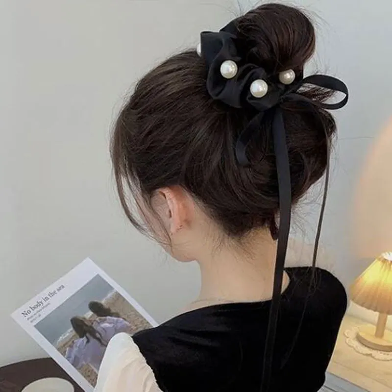 

female Retro tie head rope summer net yarn style temperament bow knot headdress Korean pearl hair ring ponytail HOlder case