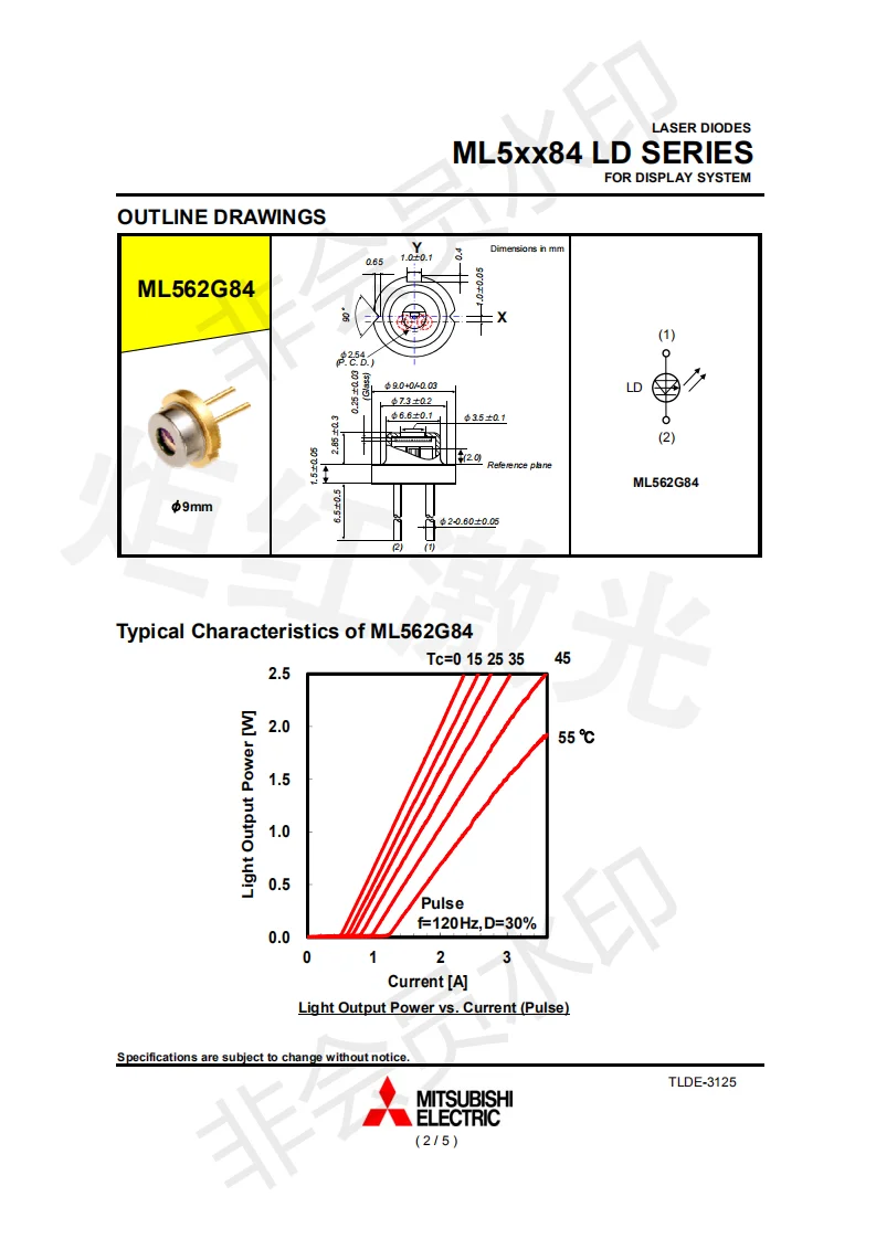 Лазерный диод высокой мощности LD Mitsubishi ML562G84 ~ 2 5 Вт ML562G85 1 TO5-9mm красный 638 нм |