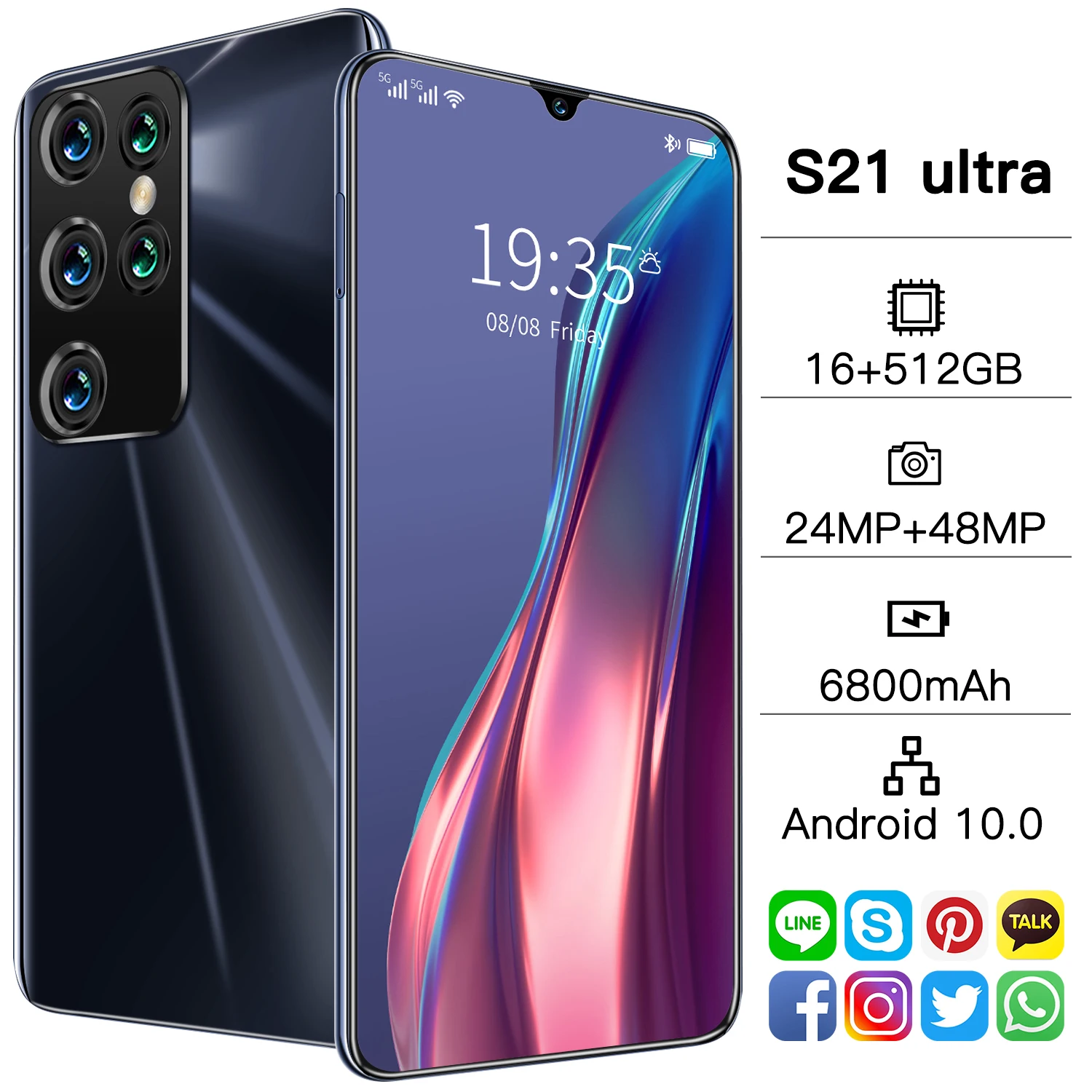

Global Version Galxy S21 Ultra 16GB RAM 512GB ROM 6800mAh Face ID Andriod 10.0 Cellphones 7.1 Inch 3040*1440 5G Smartphones