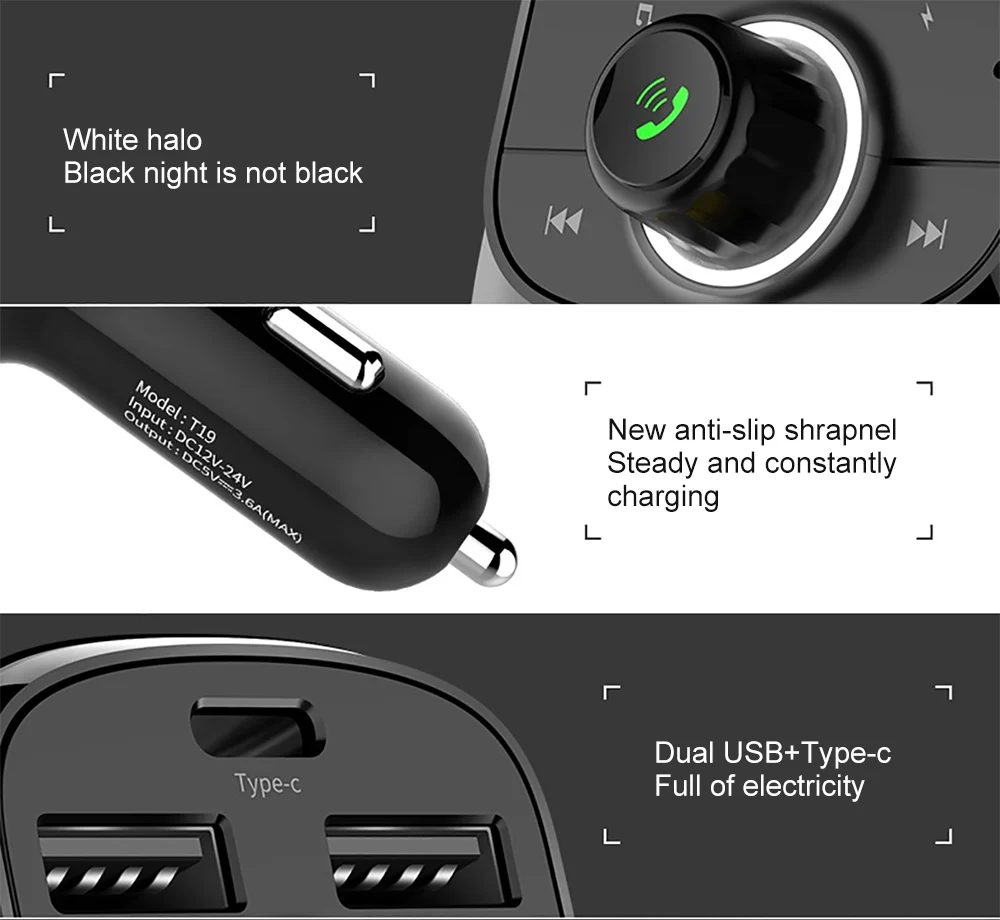 Автомобильный bluetooth-адаптер для громкой связи, автомобильный комплект, автомобильный телефон, динамик, беспроводной fm-передатчик, воспроизведение музыки, порт для зарядки type-C