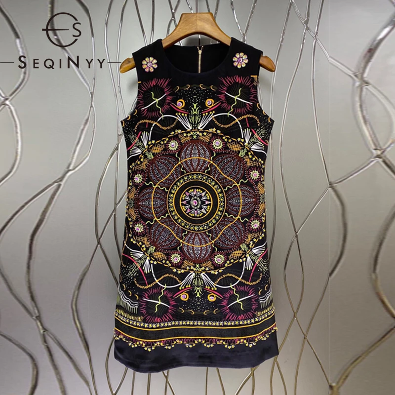 

SEQINYY Black Mini Dress Summer Spring New Fashion Design Women Runway High Quality Crystal Vintage Print