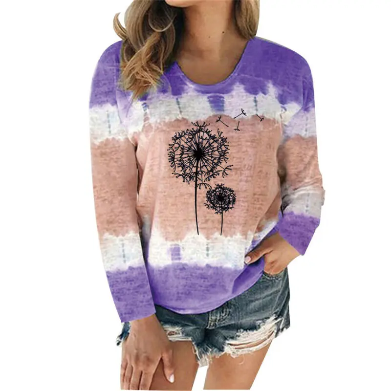 

Womens Dandelion Printed Long Sleeve T-shirt Ladies Casual Loose Blouse Tee Tops