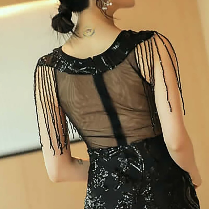 

Evening Dresses O-Neck Sequins Sleeveless Mermaid Floor-length Elegant Tassel Lace Plus size Customized Woman Formal Dress C106