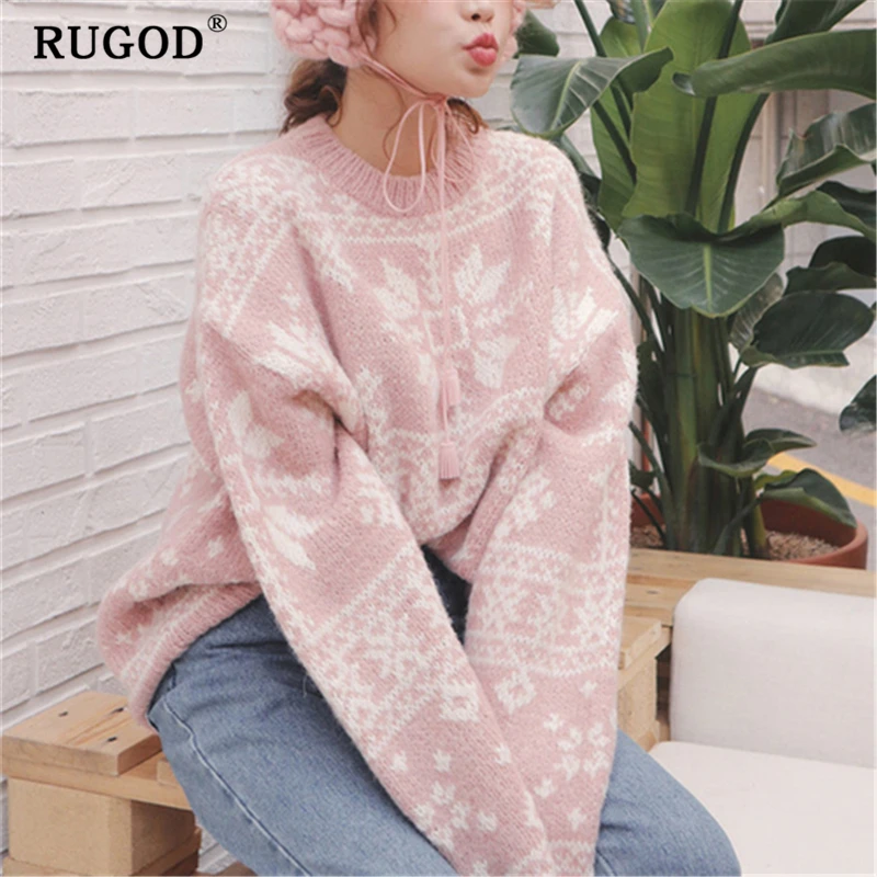 RUGOD Fashion knitted Christmas sweater women Korean chic batwing sleeve loose winter warm pullovers 2019 Casual printed | Женская