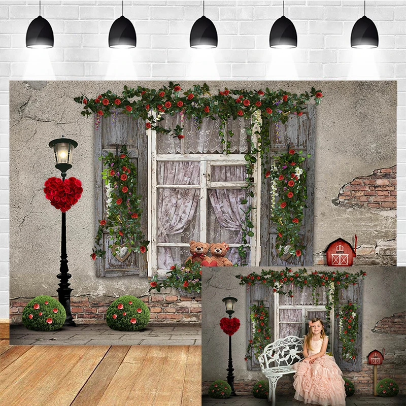 

Valentine's Day Photography Background Window Bear Love Street Lamp Decoration Props Confession Wedding Photo Backdrop Banner