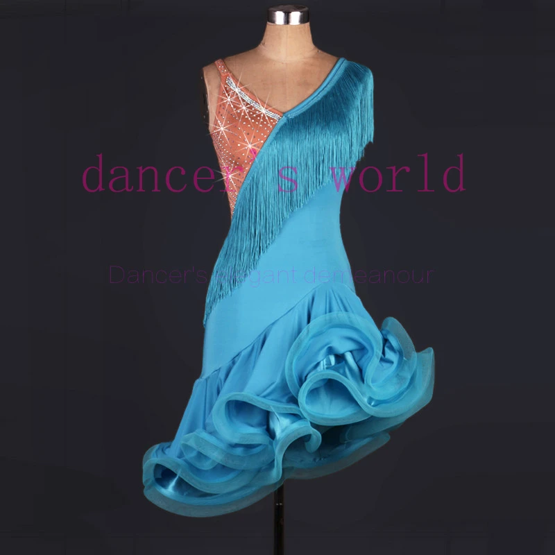 Новый стиль костюм для латинских танцев спандекс кисточка камни платье женщин - Фото №1