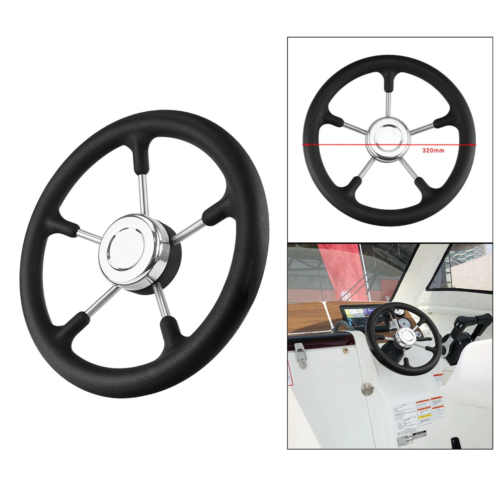 

320mm 12.6 inch Boat Steering Wheel 5 Spoke PU Foaming Material 3/4" Shaft Yacht Pontoon Boat 15 Degree Dish