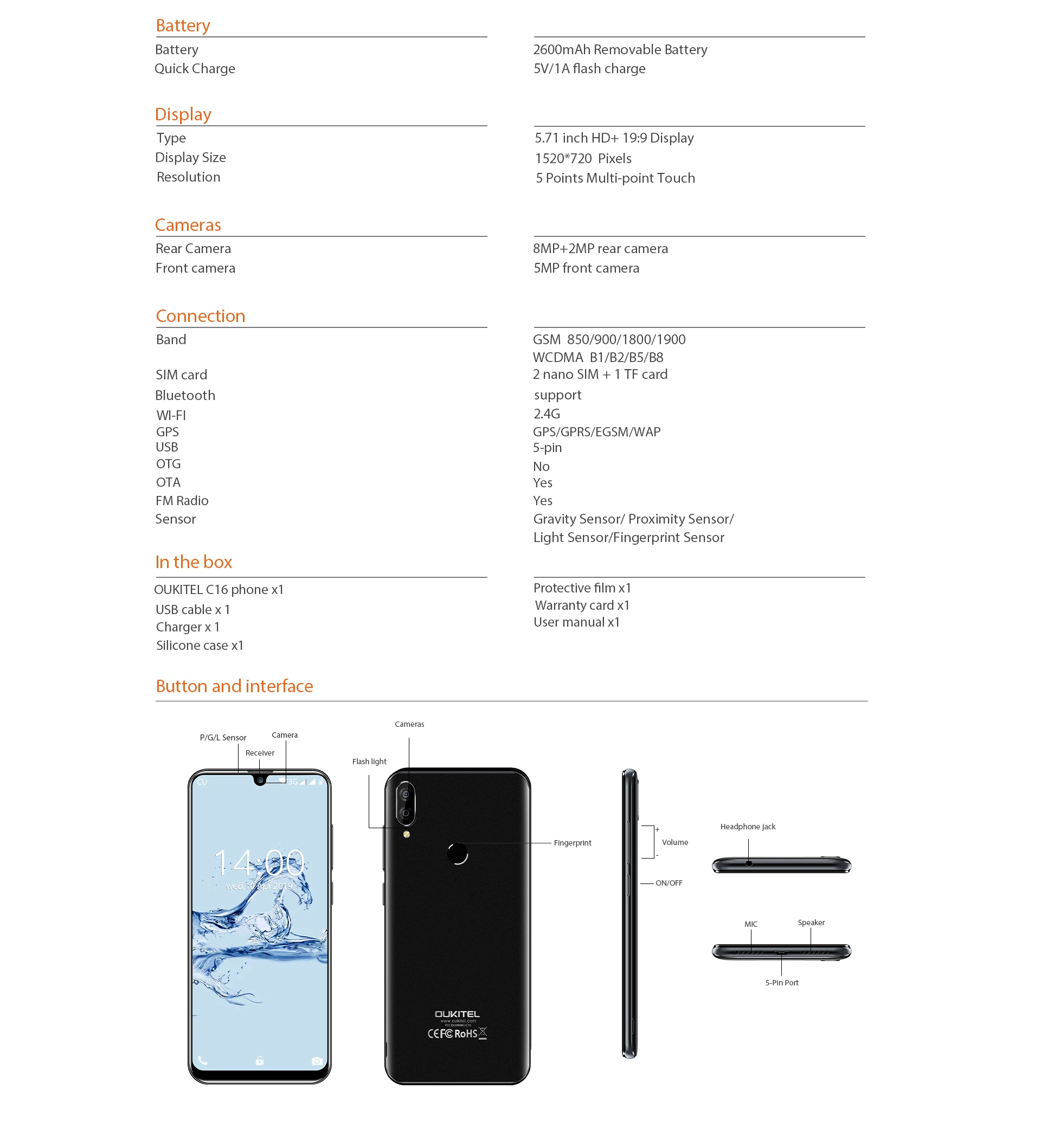OUKITEL C16, 5,71 дюйма, 2 Гб ОЗУ, 16 Гб ПЗУ, HD+ 19:9, капля воды, смартфон, отпечаток пальца, Android 9,0, мобильный телефон MT6580P, 2600 мАч, разблокировка