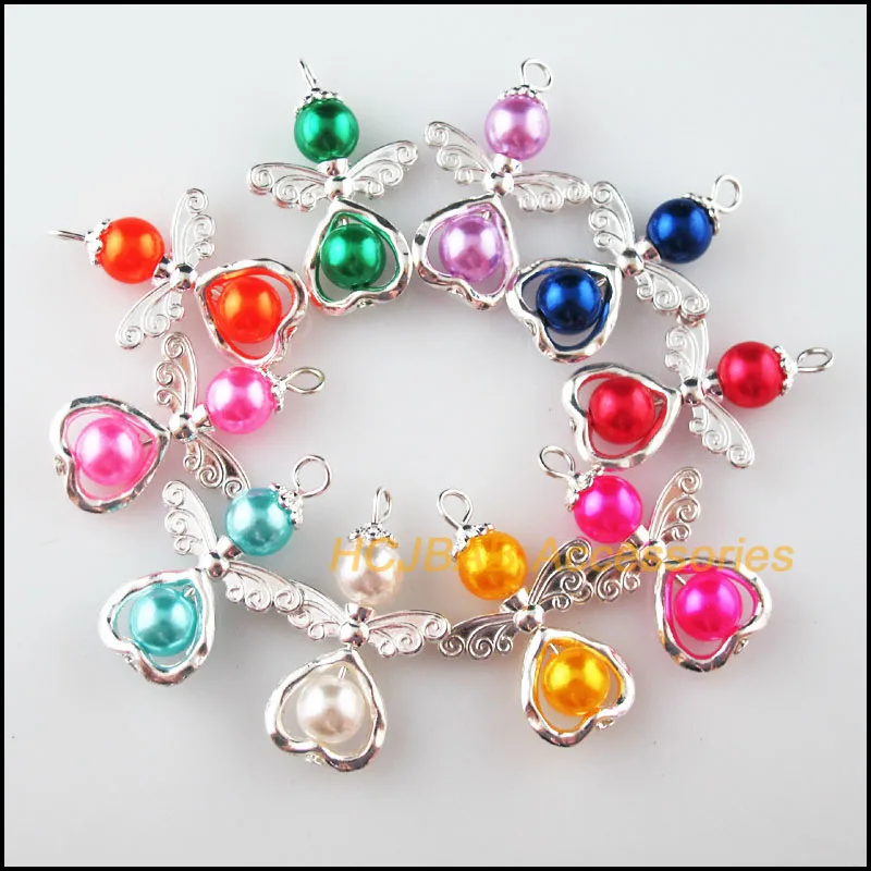 10 шт посеребренные сердца ангела Смешанные акриловые шарики шармы Подвески 21x32 мм