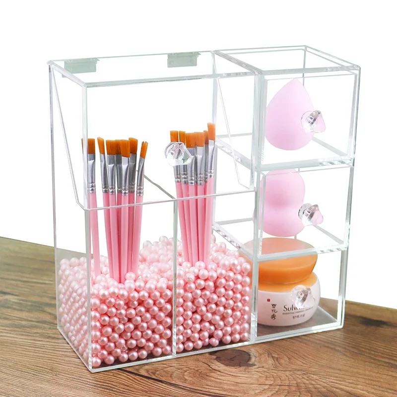 

Acrylic Transparent Makeup Brush Storage Box Flap Dustproof Beauty Brushware Storage Bucket with Pearl Storage Box