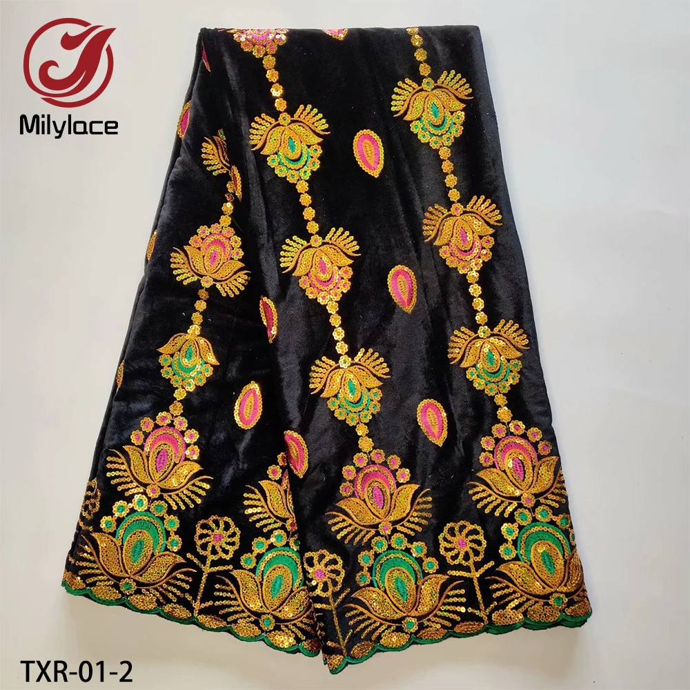 

Milylace new design African velvet fabrics embroidery velvet fabric with shiny sequins Nigerian design for lady dresses TXR-01
