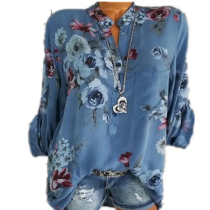 

Spring Autumn Tops S-5xl Plus Size Women Chiffon Blouse Casual Long Sleeve V-neck Button Floral Print Loose Shirts Large Size