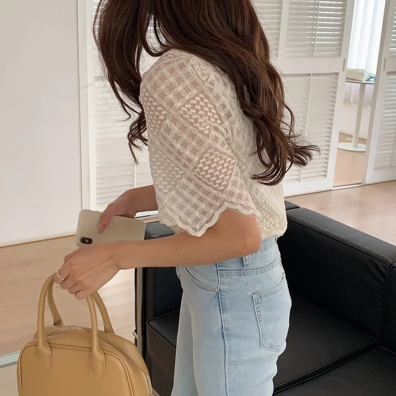 

Clothes For Women Lace T Shirt 2021 Spring Summer OL Short Sleeve Inner Match Small Shirt O-neck Stylish Trendy Slim Tops