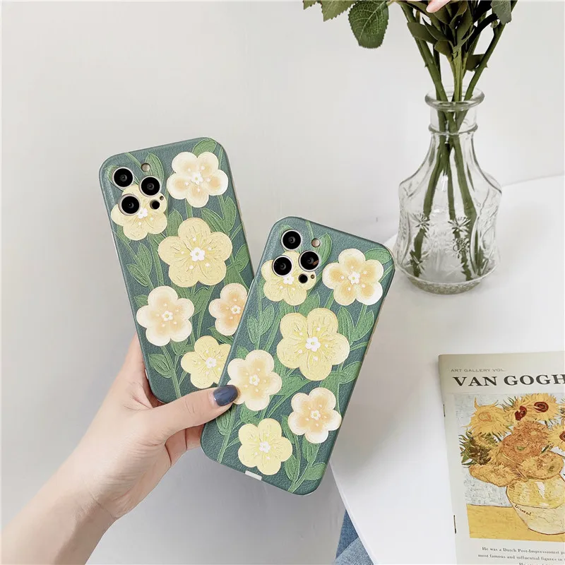 

INS Korea yellow flowers Phone Case For iPhone 12 11 Pro Max Xr X Xs Max 7 8 Puls SE 2020 Cases Matte Soft Silicone Cover