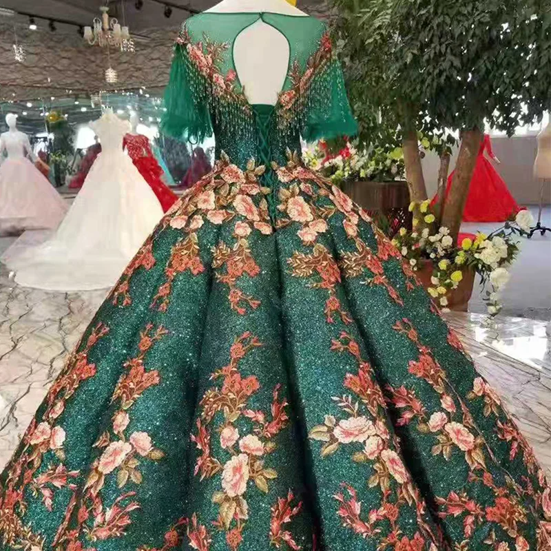 LS11061 контрастное зеленое вечернее платье 2020 с круглым вырезом и коротким рукавом