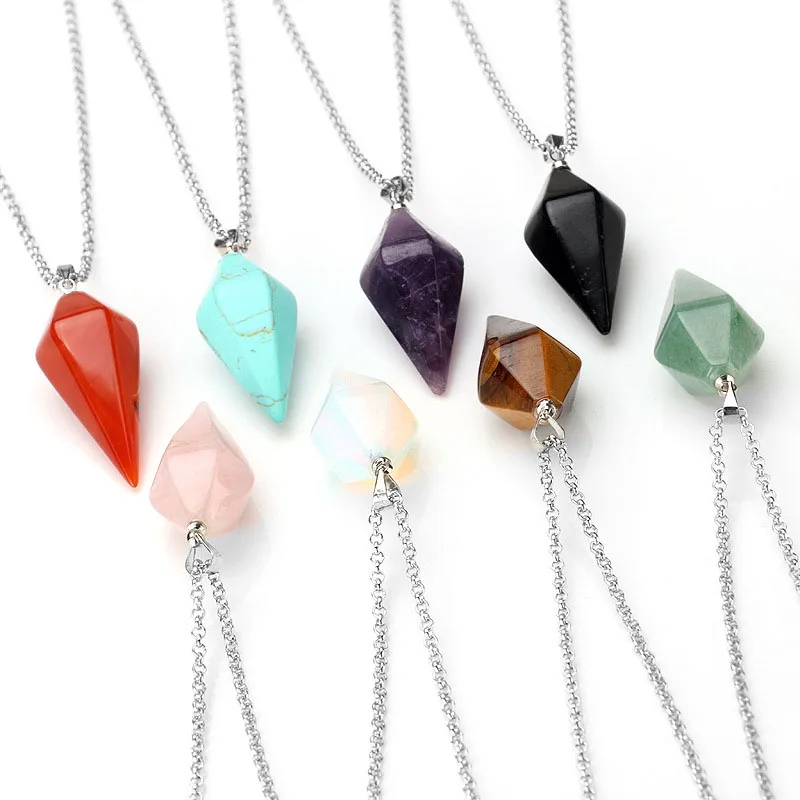 

Hexagonal Column Pendant Conical Pendulum Agate Necklace Fashion Jewelry Natural Stone Necklace Diamond Facet Crystal Necklace