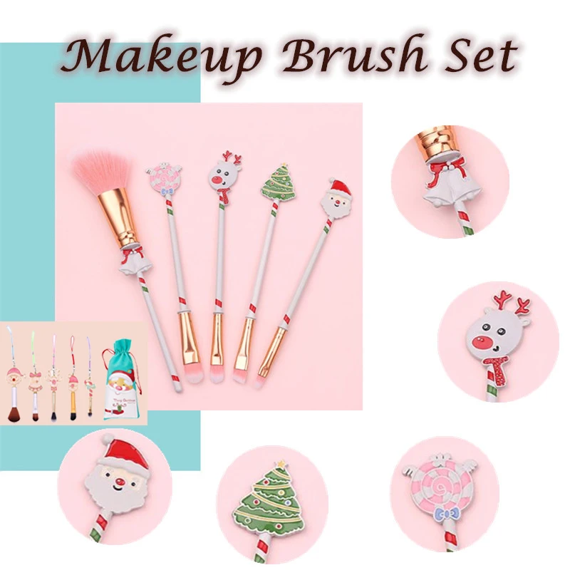 5 PCS Makeup Brush Set Unisex Portable Christmas Cartoon Pattern Professional Makeup Tools Health an