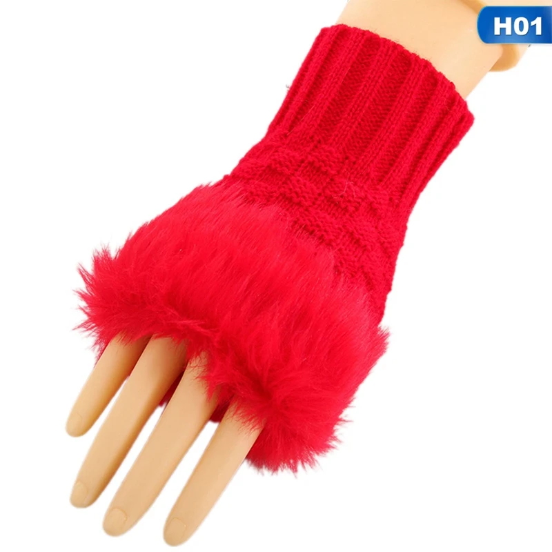 

Winter Gloves Female Fingerless Gloves Without Fingers Pompom Faux Fur Wrist Mittens Knit Patchwork Guantes Plush Handschoenen