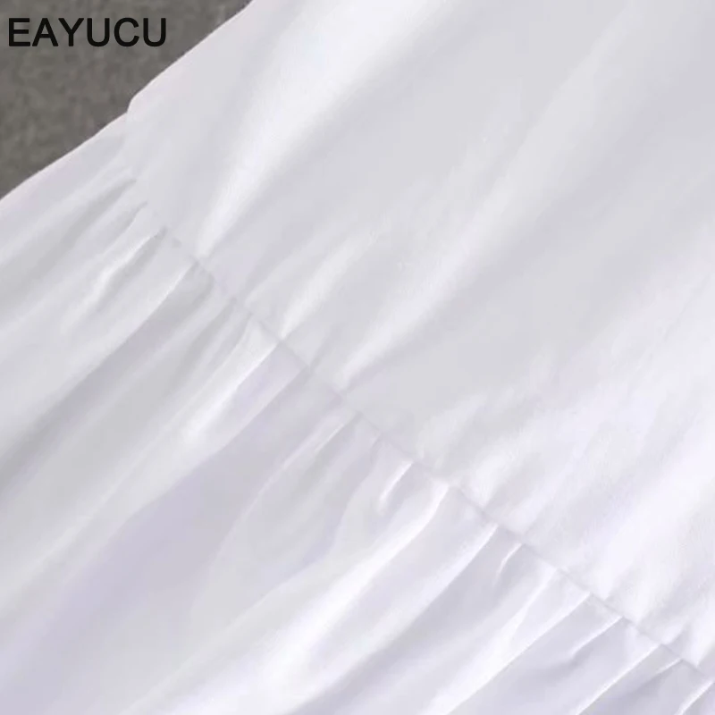 

EAYUCU 2020 Summer White Cotton Dress women Chic V Neck Single Breasted Short Sleeve Ruffles Female Sundress Robe Femme ED105