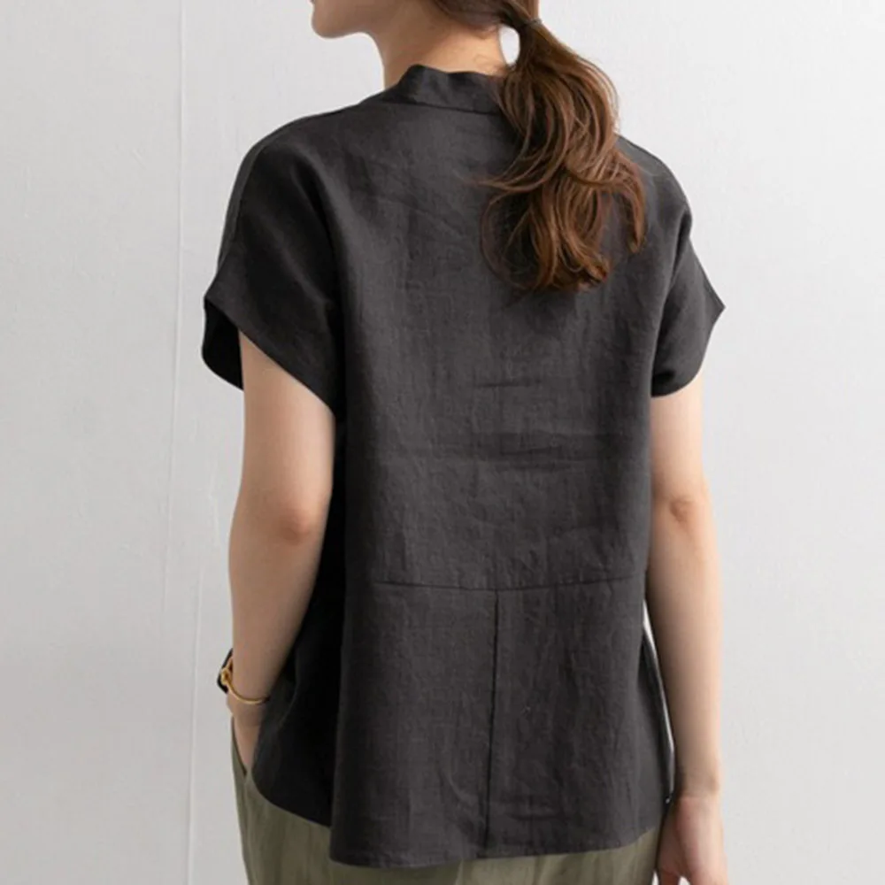 

Blouse 2021 Japan Korea New Summer V-neck Linen Women's T-shirt Tops Simple Solid Color Literary Fresh Short Sleeve Shirt