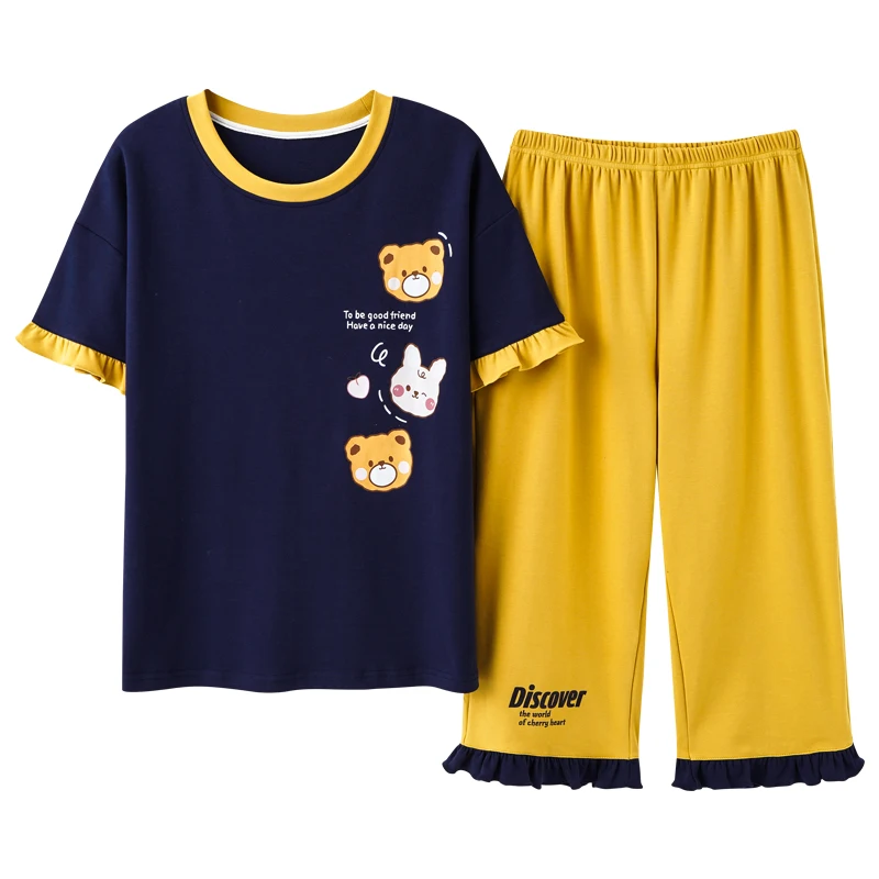 

Pajamas Set Calf-length Pant Women Summer Korean Style Stretchy Homewear Cotton O-neck Short Sleeve Cartoon Cute Women Sleepwear