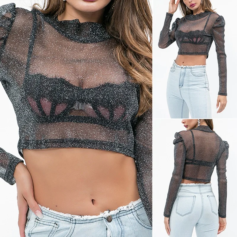 

Women's Fashion Solid Color Sexy See-Through Round Neck Long Sleeve Crop T-Shirt Top Black
