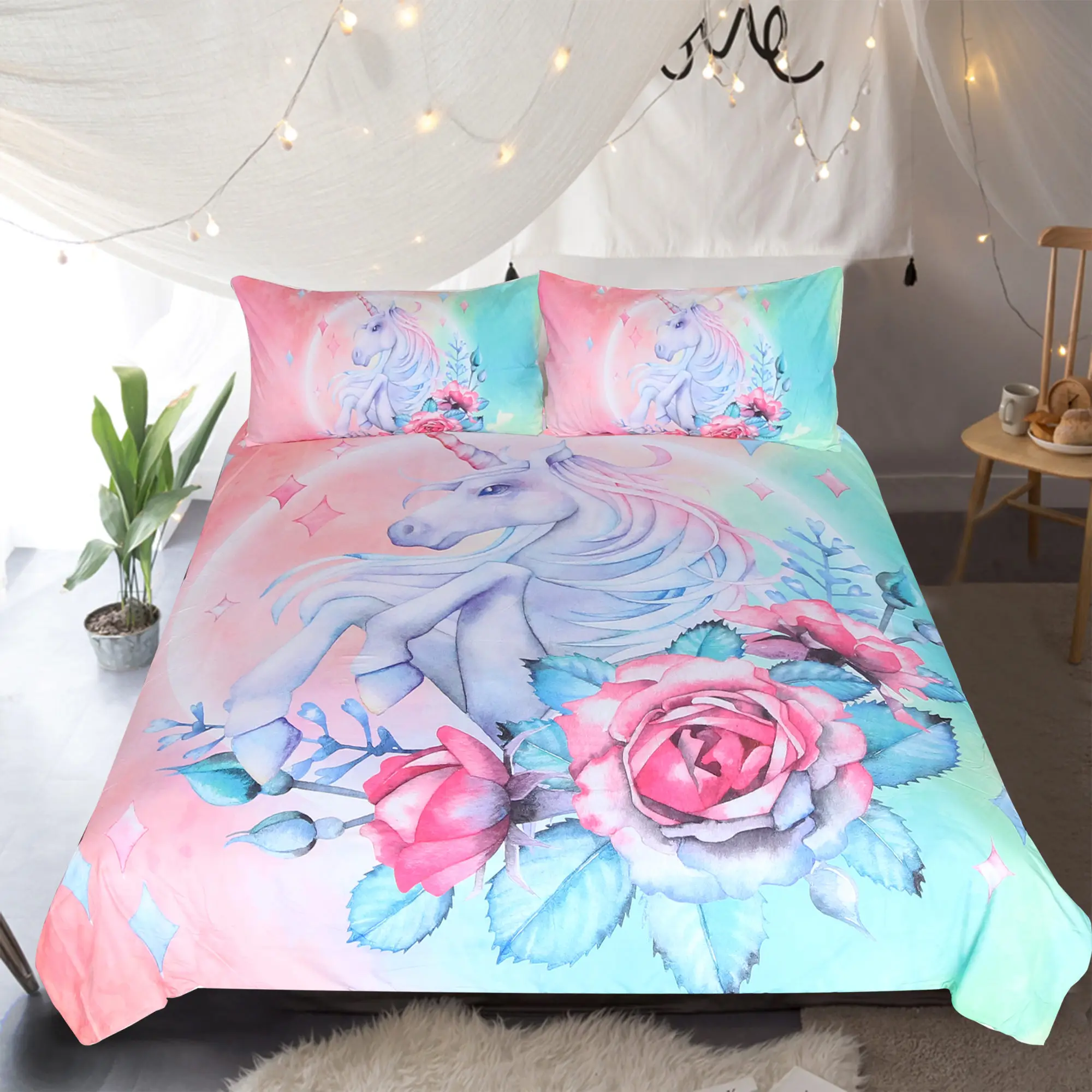 Unicorn Bedding Set Cartoon for Kids Rose Duvet Cover Girly Twin Queen King Bed Pink Blue Floral Home Textiles | Дом и сад