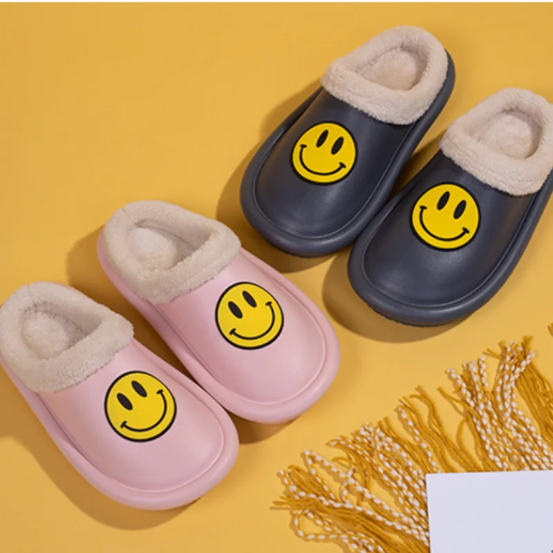 

Winter Women Slippers Waterproof Increased Smiley Cotton Slippers Fluffy Plush Non-slip Warm Shoes Indoor Home couple Shoes