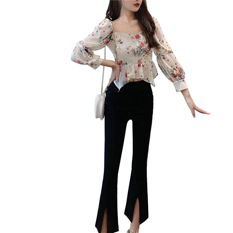 

Female Tops, Girls Floral Print Square Neck Long Sleeve Pullover Short Shirt for Spring Summer Autumn