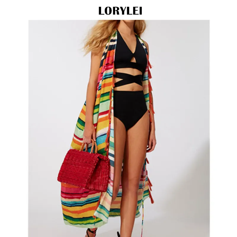 Богемные Разноцветные полосатые Холтер шеи без рукавов спереди открытые длинные