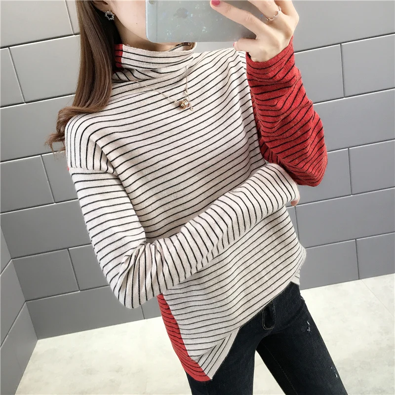 

1348642 [room 3, row 7, No. 2, middle] actual photo of new style stacked collar stripe Pullover knitwear sweater 2019jd