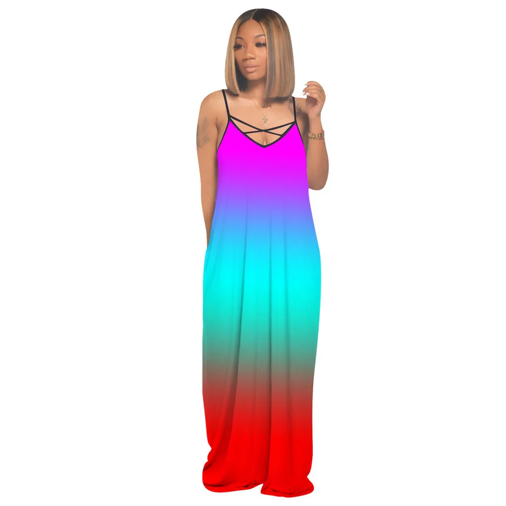 

Loose Colorful Gradient Tie Dye Backless Sexy Dresses Spring Summer Women Fashion Sleeveless Party Elegant Floor-Length Dress