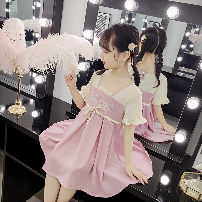 Hanfu/платье принцессы с короткими рукавами и вышитыми цветами для девочек Детская