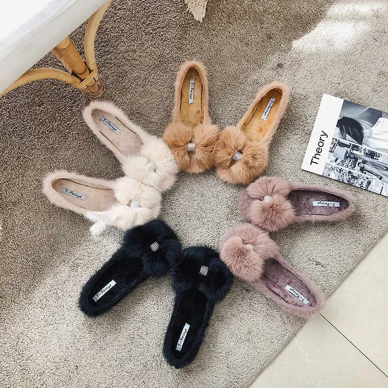 Обувь на плоской подошве с натуральным кроличьим мехом женская обувь высокого