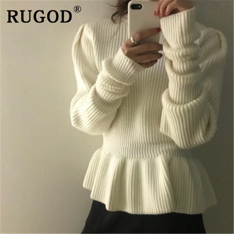 RUGOD Korean chic white sweater women elegant Ruffles puff sleeve slim knitted pullovers Fashion office ladies Winter knitwear | Женская
