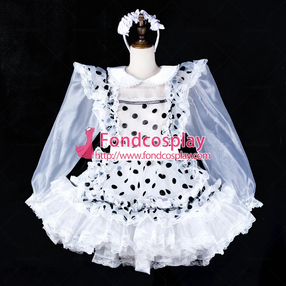 fondcosplay adult sexy cross dressing sissy maid short white Dots satin dress lockable organza Uniform Tailor-made[G2324] |