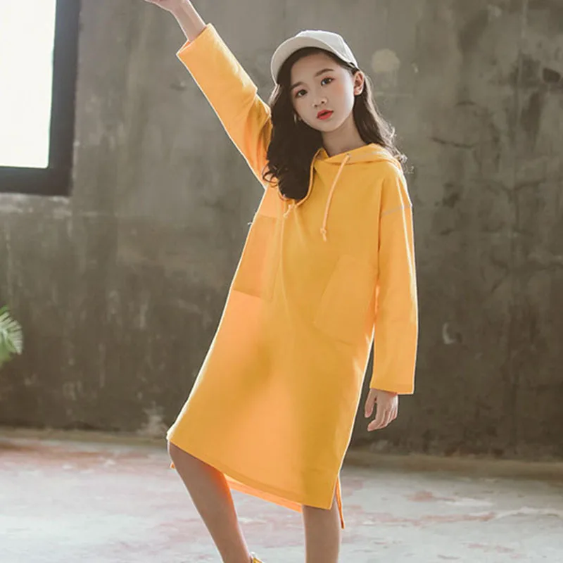 

Gray Yellow Hooded Hoodies Dresses For Girls Long Sleeve Cotton Knee Length Sweatshirts Dress Kids Children Clothing 6 8 10 Year