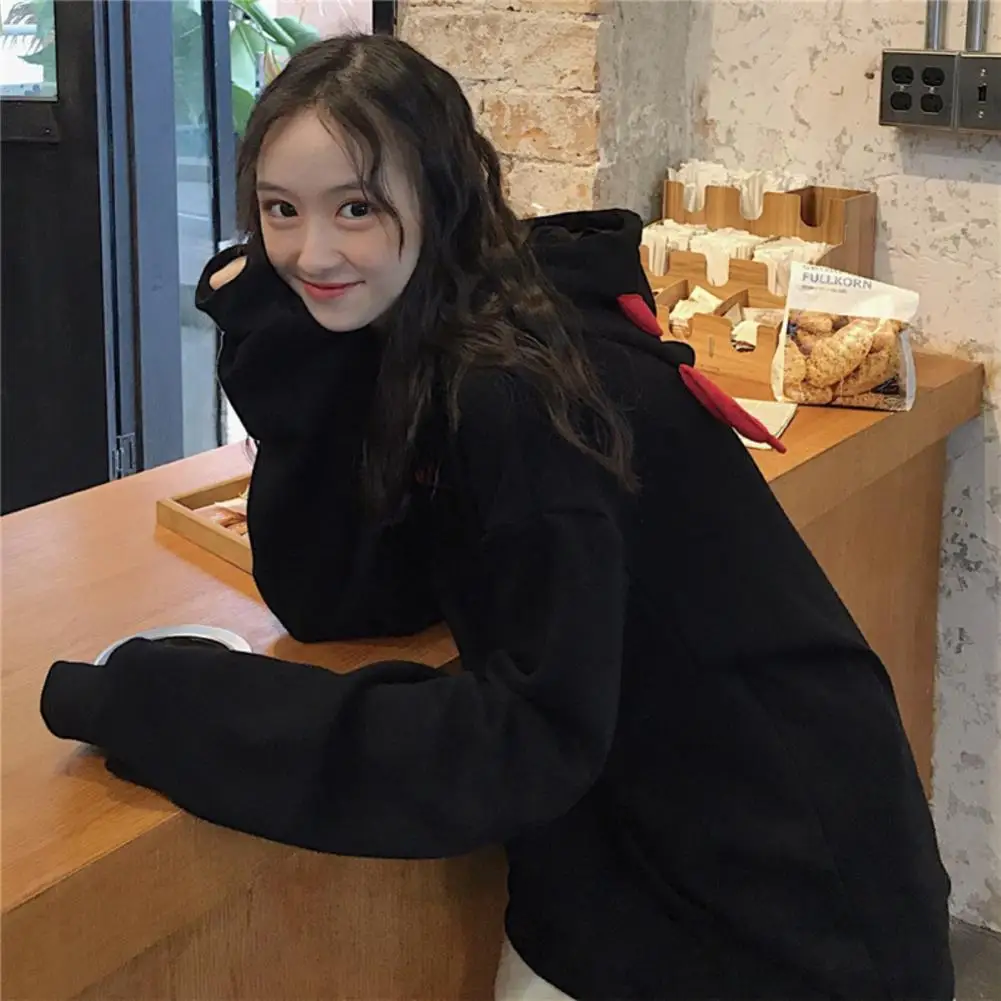 Autumn Women Long Sleeve Letters Print Devil Hood Sweatshirt Plush Warm Hoodie